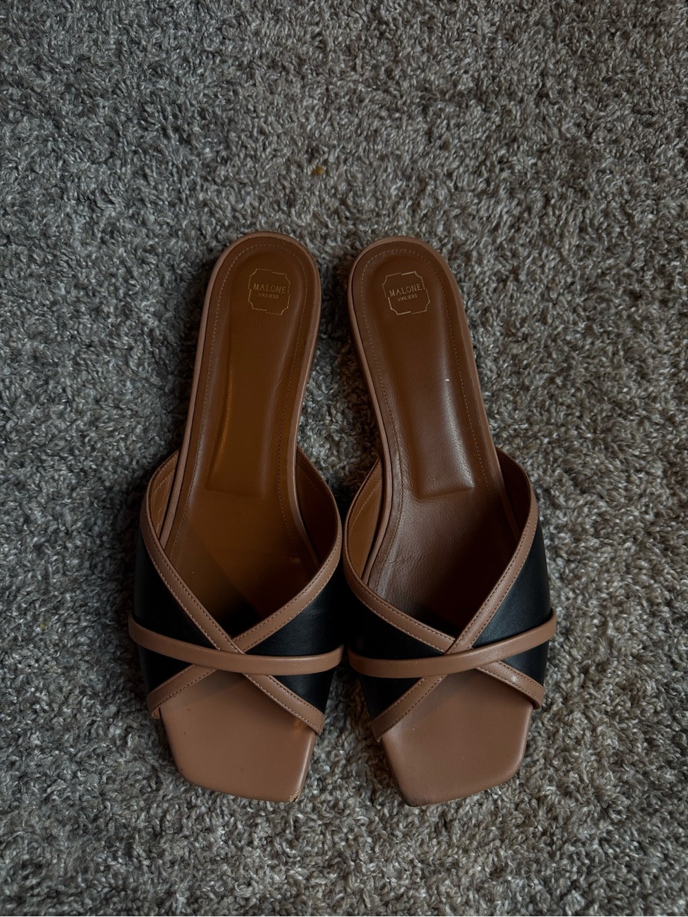 Malone Souliers Black and Brown Leather Crisscross Slide Mules